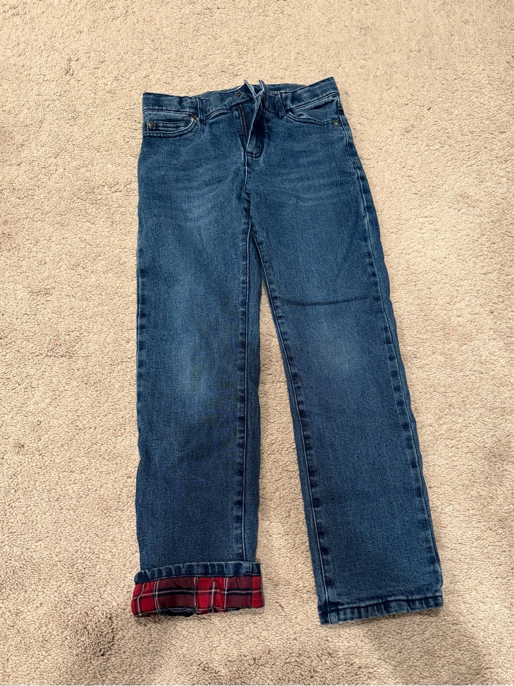 Janie and Jack Dark Blue Jeans with Red Plaid Cuff